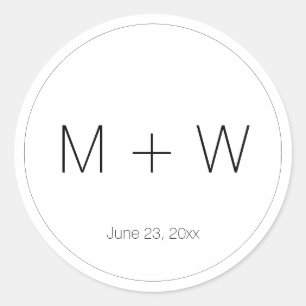 Minimalist black white monogram initials wedding classic round sticker