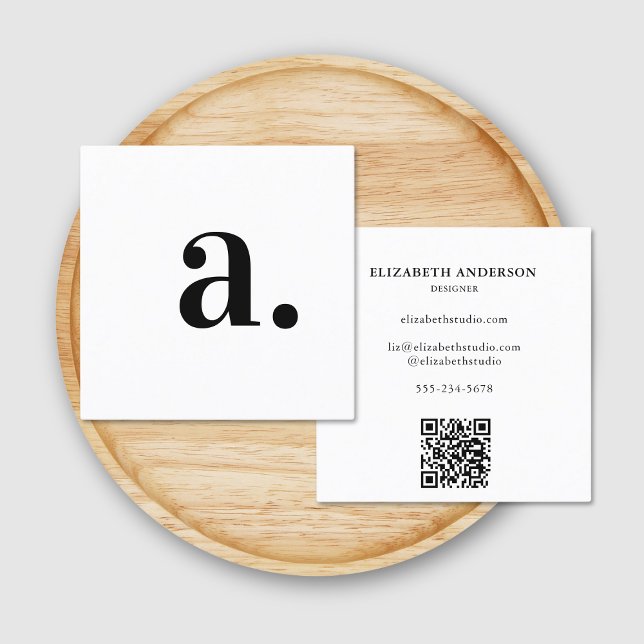 Minimalist Black White Monogram Modern QR Code  Square Business Card (Creator Uploaded)