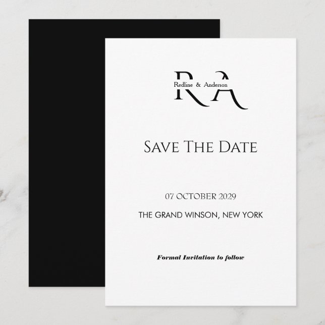 Minimalist Black & White Monogram Save the Date  Invitation (Front/Back)