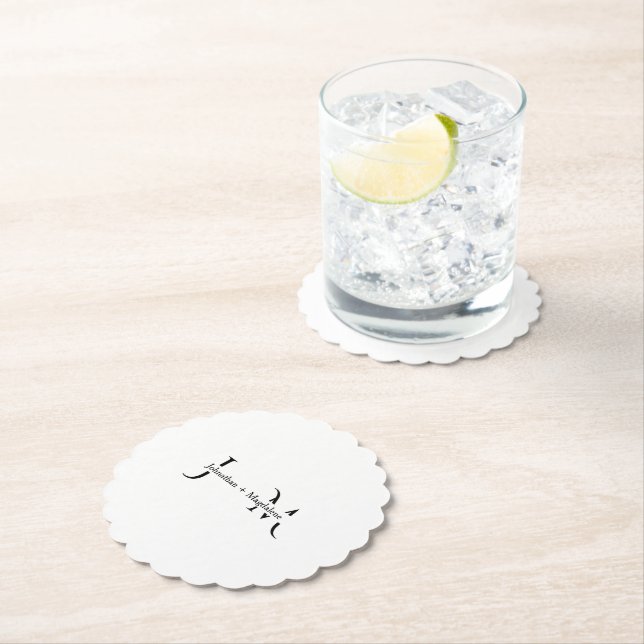 Minimalist Black & White Monogram Wedding  Paper Coaster (Insitu)