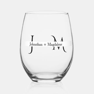 Minimalist Black & White Monogram Wedding  Stemless Wine Glass