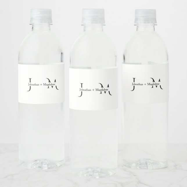 Minimalist Black & White Monogram Wedding  Water Bottle Label (Bottles)