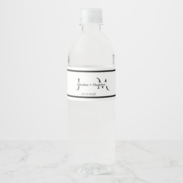 Minimalist Black & White Monogram Wedding  Water Bottle Label (Front)