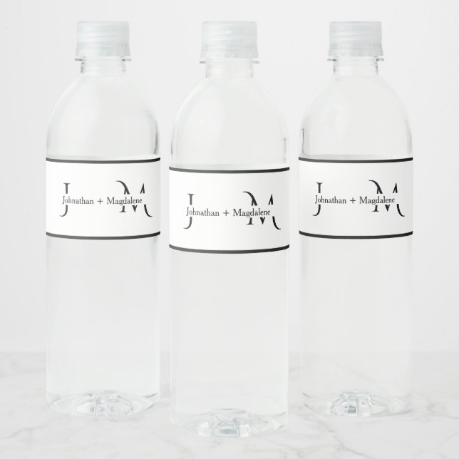 Minimalist Black & White Monogram Wedding  Water Bottle Label (Bottles)
