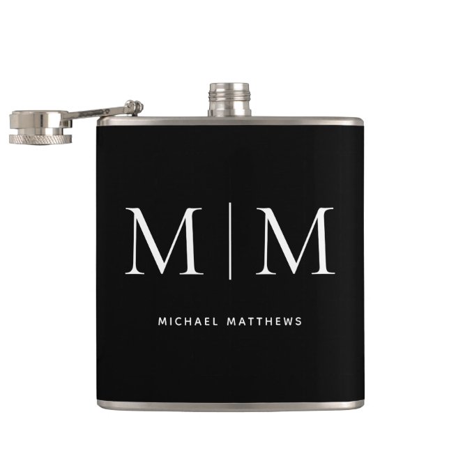 Minimalist Black White Monogrammed Initial Name Hip Flask (Opened)