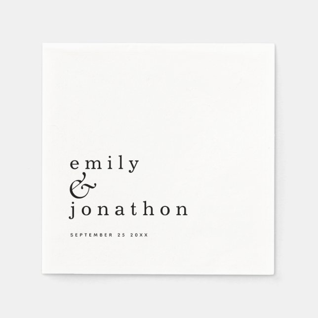 Minimalist Black White Names Date Wedding Napkin (Front)