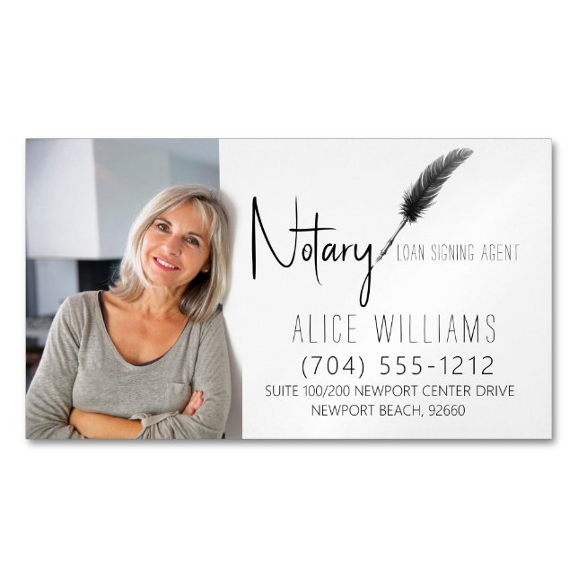 Minimalist Black & White Notary Photo Magnetic Business Card (Front)