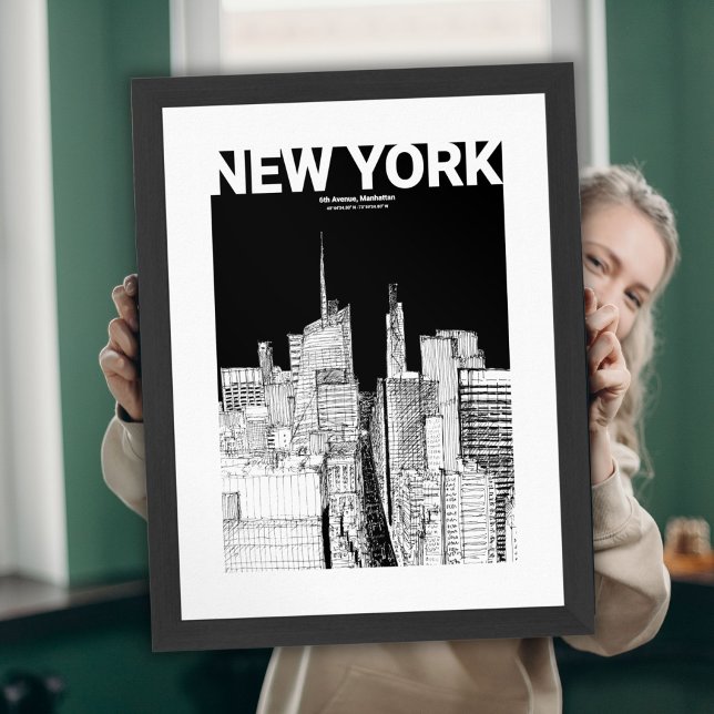Minimalist Black & White NYC Skyline Travel Sketch Poster (New York City Skyline Black White Sketch Wall Art)