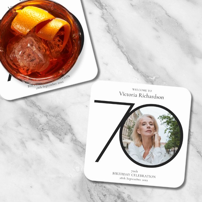 Minimalist Black White Photo 70th Birthday Party Square Paper Coaster (Mockup View)