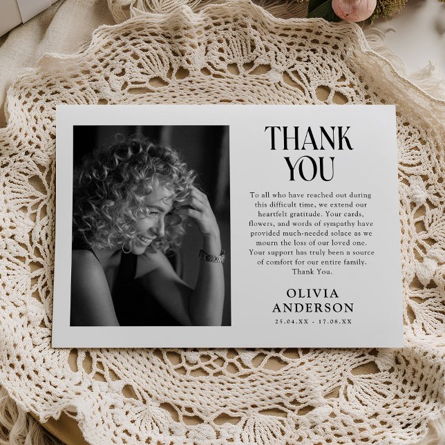 Minimalist Black & White Photo Memorial Thank You Card (Creator Uploaded)