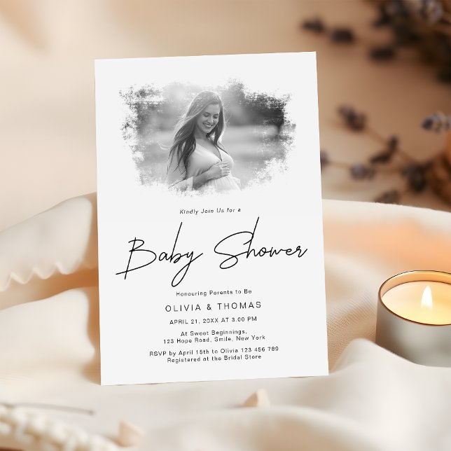 Minimalist Black & White Photo Script Baby Shower Invitation (Creator Uploaded)