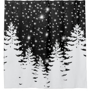 Minimalist black white pine forest night sky stars shower curtain