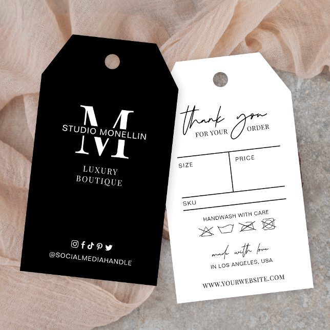 Minimalist Black & White Price Clothing Hang Tags (Minimalist black & white boutique hang tags with monogram, sizing chart and a thank you note)