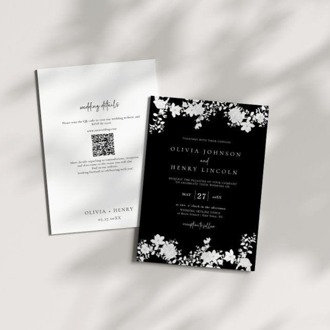 Minimalist Black | White QR Code Floral Wedding  Invitation (Creator Uploaded)