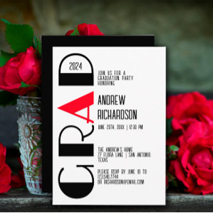 Minimalist black white red graduation  announcement