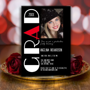 Minimalist black white red graduation photo announcement