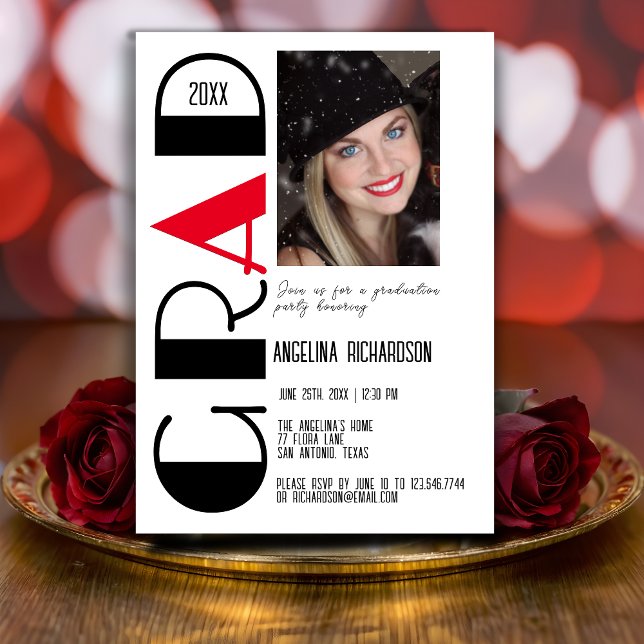 Minimalist black white red graduation photo announcement (Creator Uploaded)