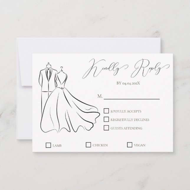 Minimalist Black White Script Formal Wedding RSVP Card (Front)