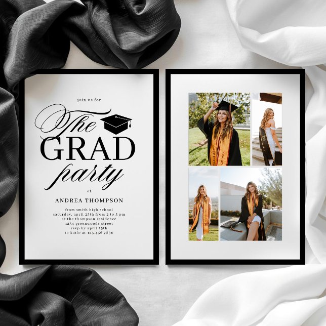 Minimalist Black White Script Grad Party Photo  Invitation (Creator Uploaded)