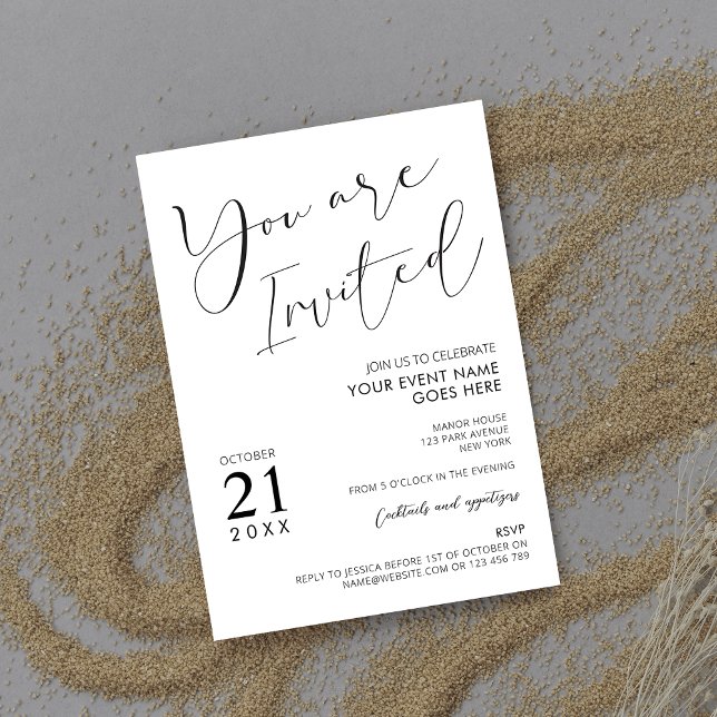 Minimalist Black White Script Logo Business Party Invitation (Creator Uploaded)