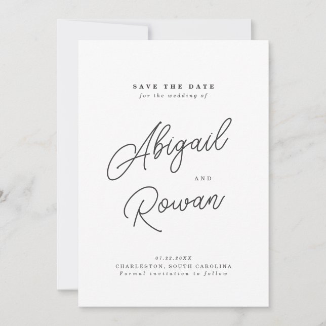 Minimalist Black White Script Save the Date Card (Front)