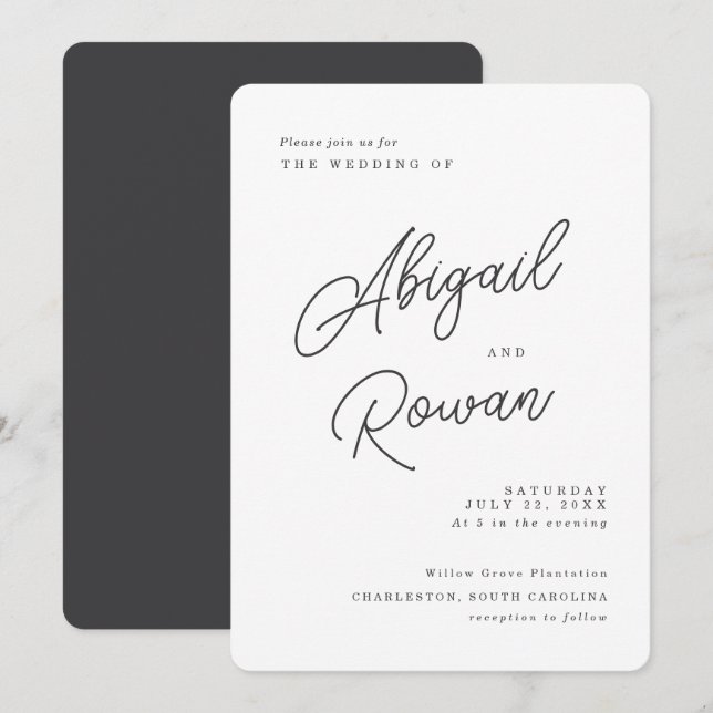Minimalist Black White Script Wedding Invitation (Front/Back)