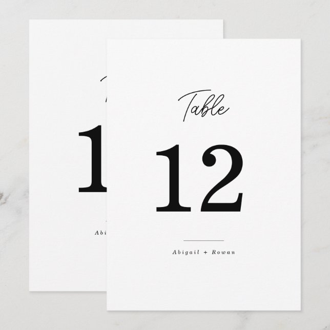 Minimalist Black White Script Wedding Table Number (Front/Back)