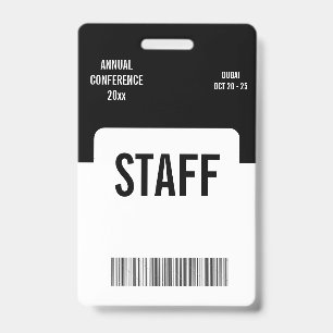 Minimalist Black White Staff Event Badge Barcode ID Badge