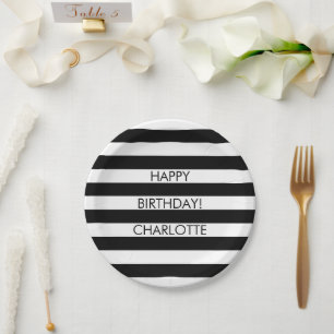 Minimalist black white stripes custom name stylish paper plate