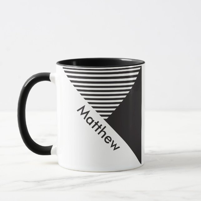 Minimalist Black White Stripes Geo Custom Name Mug (Left)