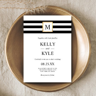 Minimalist Black White Stripes Monogram Wedding Invitation