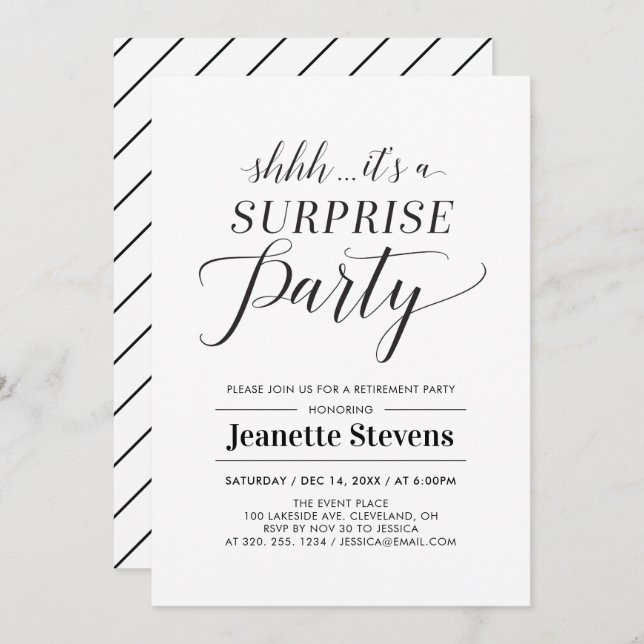 Minimalist Black &White Surprise Retirement Party Invitation (Front/Back)