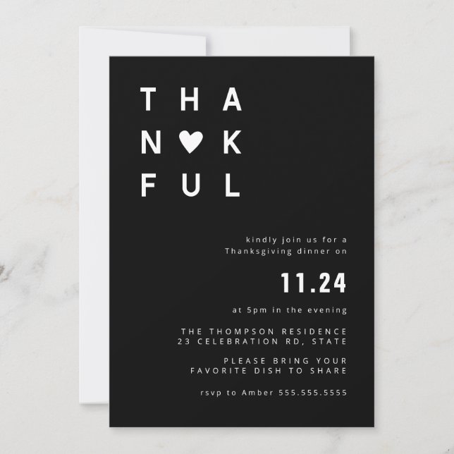 Minimalist Black & White Thanksgiving Dinner Invitation (Front)