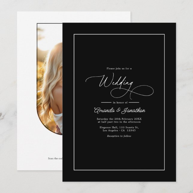 Minimalist Black & White Timeless Wedding QR Code Invitation (Front/Back)