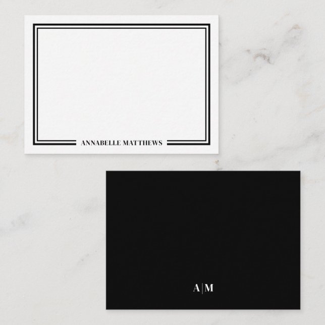 Minimalist Black White Two Border Monogram Card (Front/Back)