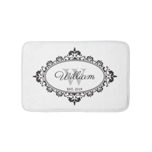 Minimalist Black & White Vintage Damask Monogram Bath Mat
