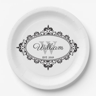 Minimalist Black & White Vintage Damask Monogram Paper Plate