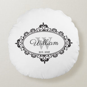 Minimalist Black & White Vintage Damask Monogram Round Cushion