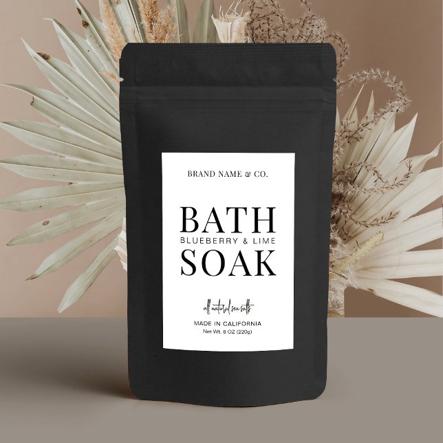 Minimalist Black White Waterproof Bath Salts Label (Minimalist Bath Salts label design in black and white with simple fonts & layout)