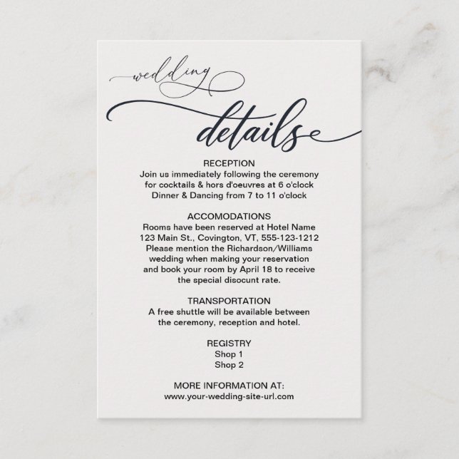 Minimalist Black White Wedding Information  Enclosure Card (Front)
