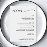 Minimalist Black & White Wedding | Modern Script Menu<br><div class="desc">This minimalist wedding menu features a clean white background with modern black script for the heading and crisp sans serif fonts for the meal details. Displaying each course in a clear, elegant layout, this card adds a stylish touch to any reception table. Fully customisable with your names, wedding date, and...</div>