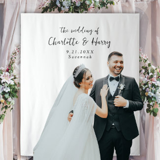 Minimalist Black & White Wedding Photo Backdrop Tapestry