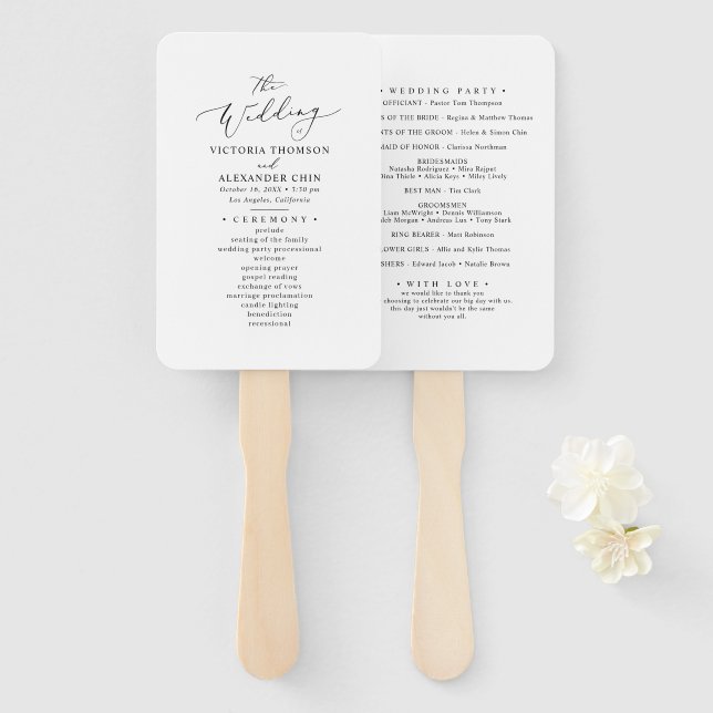 Minimalist Black White Wedding Program Fans (Front and Back)