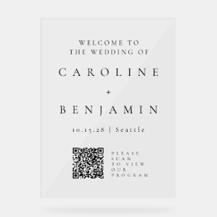 Minimalist Black White Wedding Program QR Code Acrylic Sign