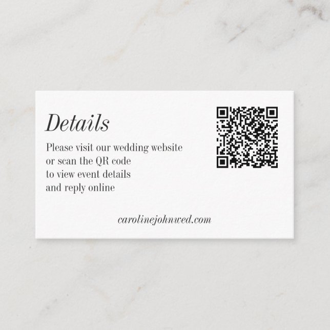 Minimalist Black White Wedding QR Code Details Enclosure Card (Front)