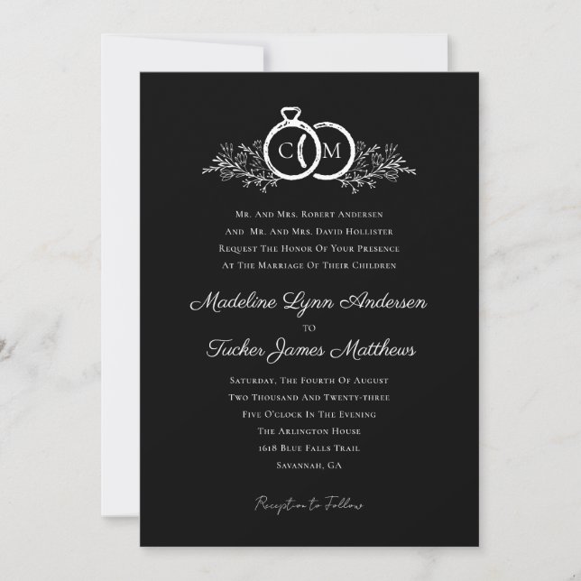 Minimalist Black White Wedding Rings Photo  Invitation (Front)