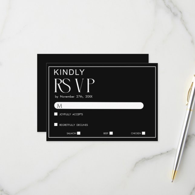 Minimalist Black & White Wedding RSVP Card (Front/Back In Situ)