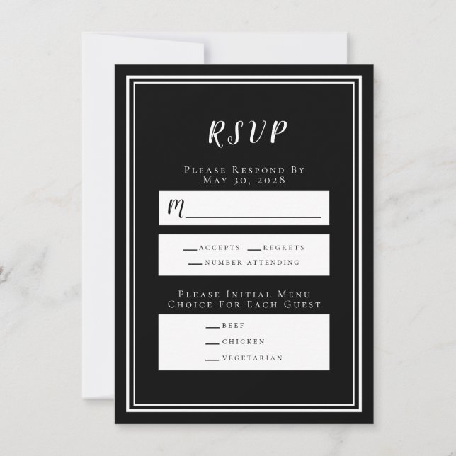 Minimalist Black & White Wedding RSVP Menu Card (Front)