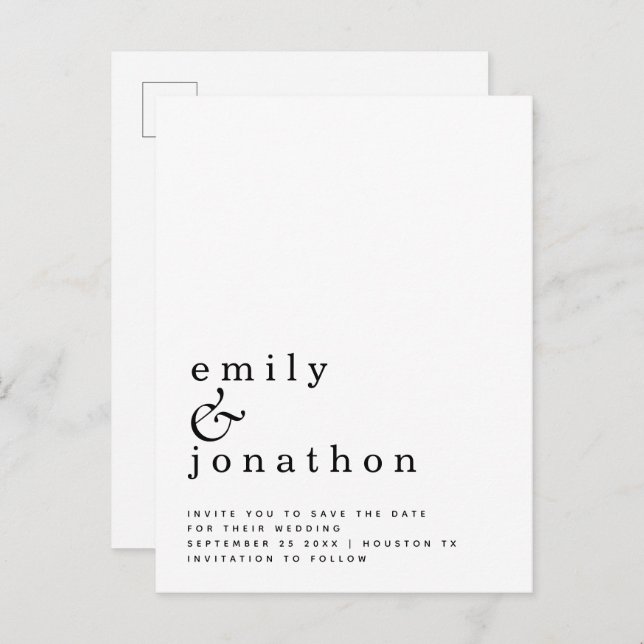 Minimalist Black White Wedding Save the Date Announcement Postcard (Front/Back)