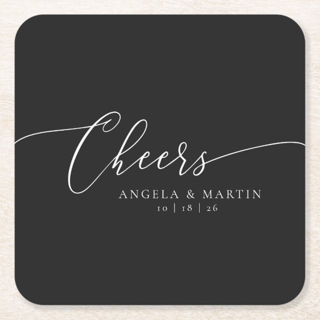 Minimalist Black White Wedding Square Paper Coaster (Front)